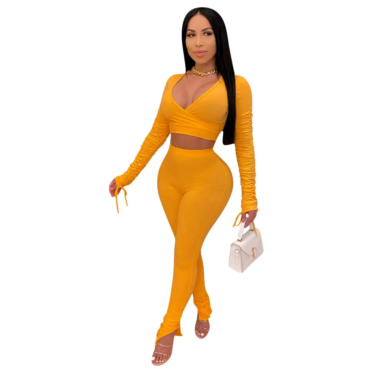 Women Solid Color V-Neck Long Sleeve Top And Pants Fashion Two-Piece Set