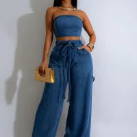 Women Fashion Casual Denim Tube Top Wide Leg Lace-Up Jeans Two-Piece Set