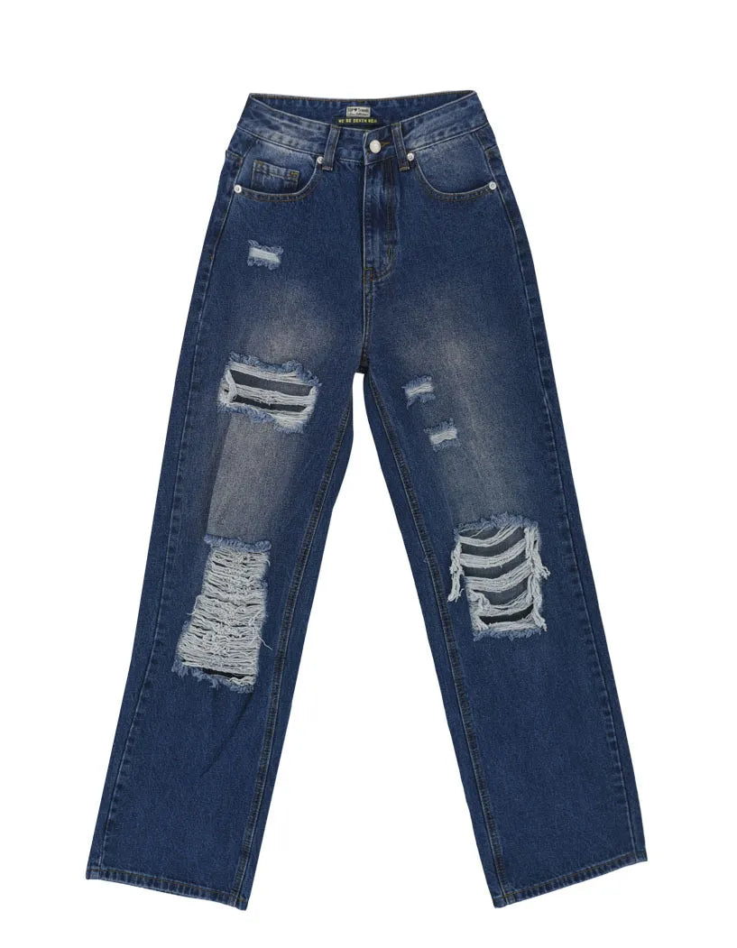 Women Simple High Waist Ripped Loose Straight Jeans