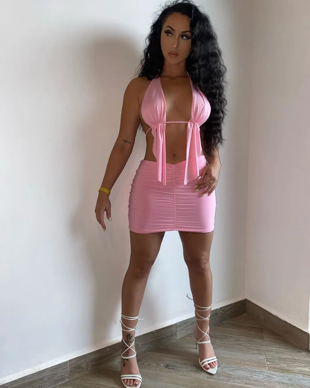 Women Solid Color Halter Strap Irregular Top And Skirt Casual Strap Two-Piece Set