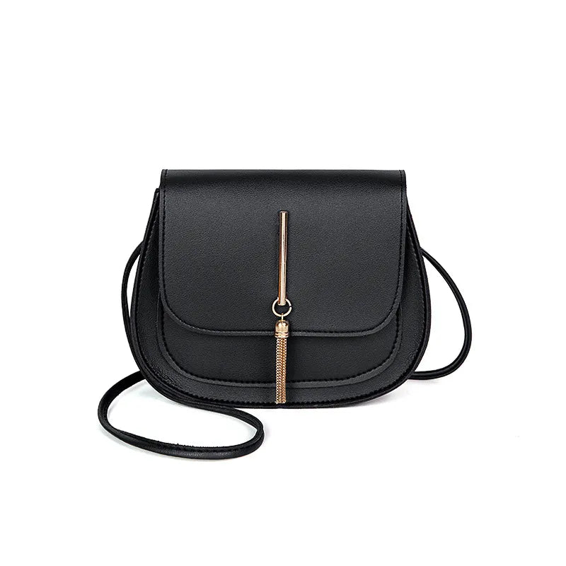 Women Basic Buckle Design Solid Color Mini Tassel PU Shoulder Bag