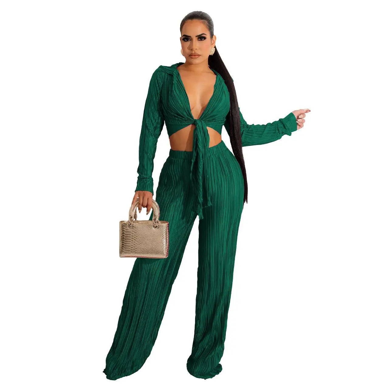 Women Fashion Autumn Winter Short Top Lace Up Pleated Sexy Casual Set