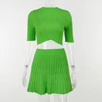 Women Fashion Simple Solid Color Pit Knitted Top Skirt Two-Piece Set