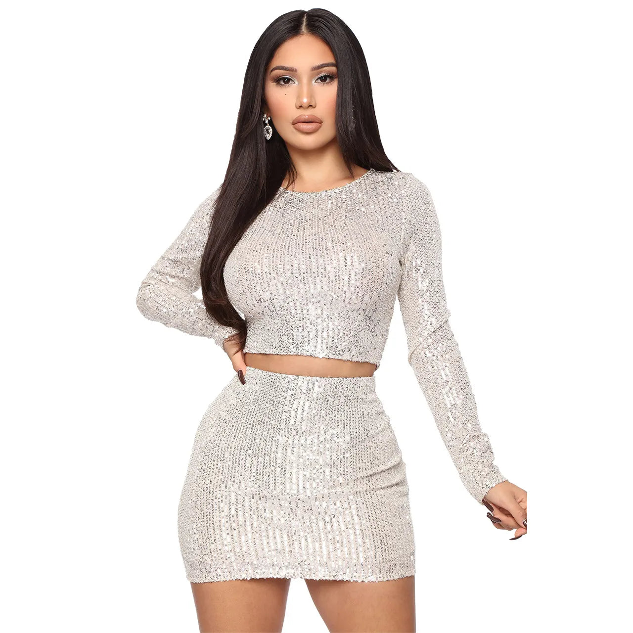 Women Solid Color Sequined Round Neck Long Sleeve Top And Skirt Fashion Two-Piece Set