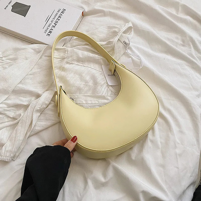 Simple Solid Color PU Zipper Half Circle Shoulder Underarm Bag