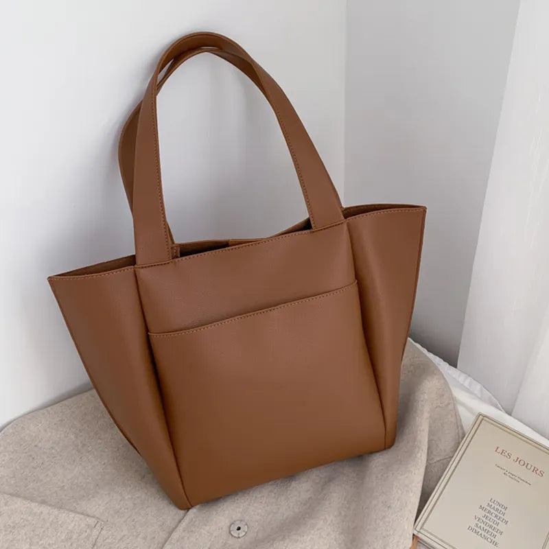 Basic Solid Color Large Capacity PU Shoulder Bag