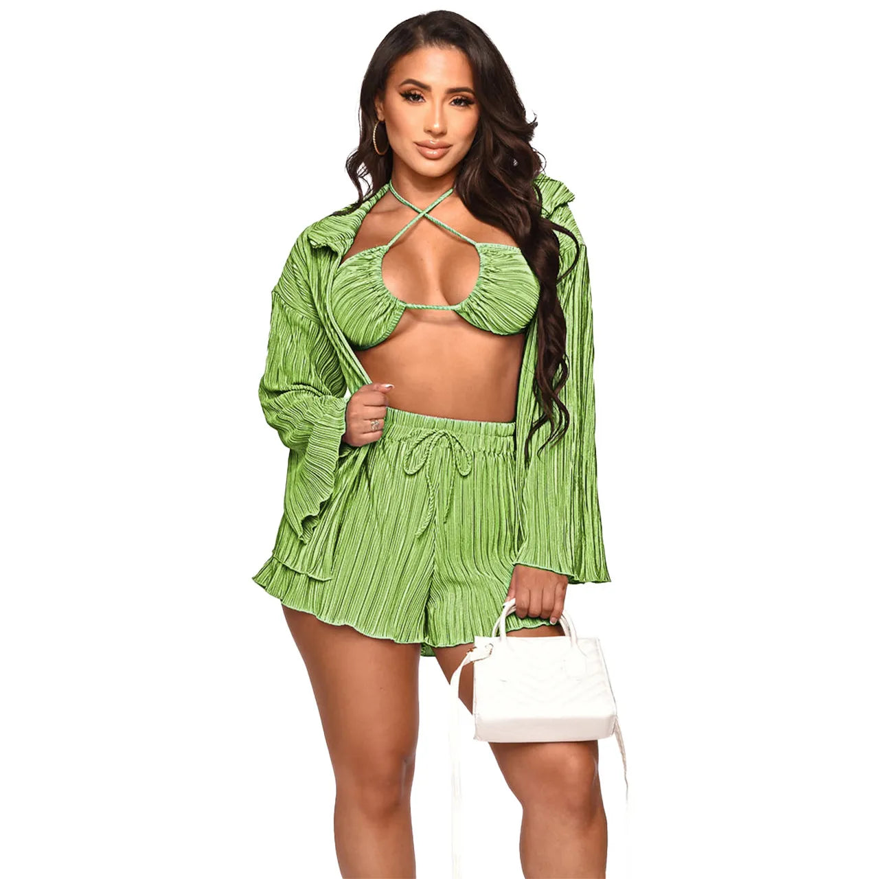 Women Fashion Sexy Creased Long Sleeve Blouse Bandage Camisand Shorts Three Pieces Vacation Set