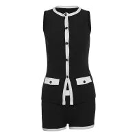 Women Fashion Elegant Sexy Contrast Color Button Sleeveless Tank Top Slim-Fit Shorts Two-Piece Set