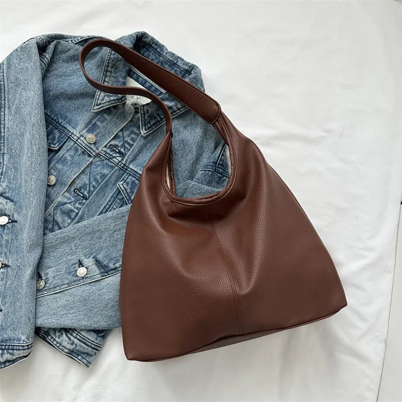 Fashionable Solid Color PU Large Capacity Shoulder Bag