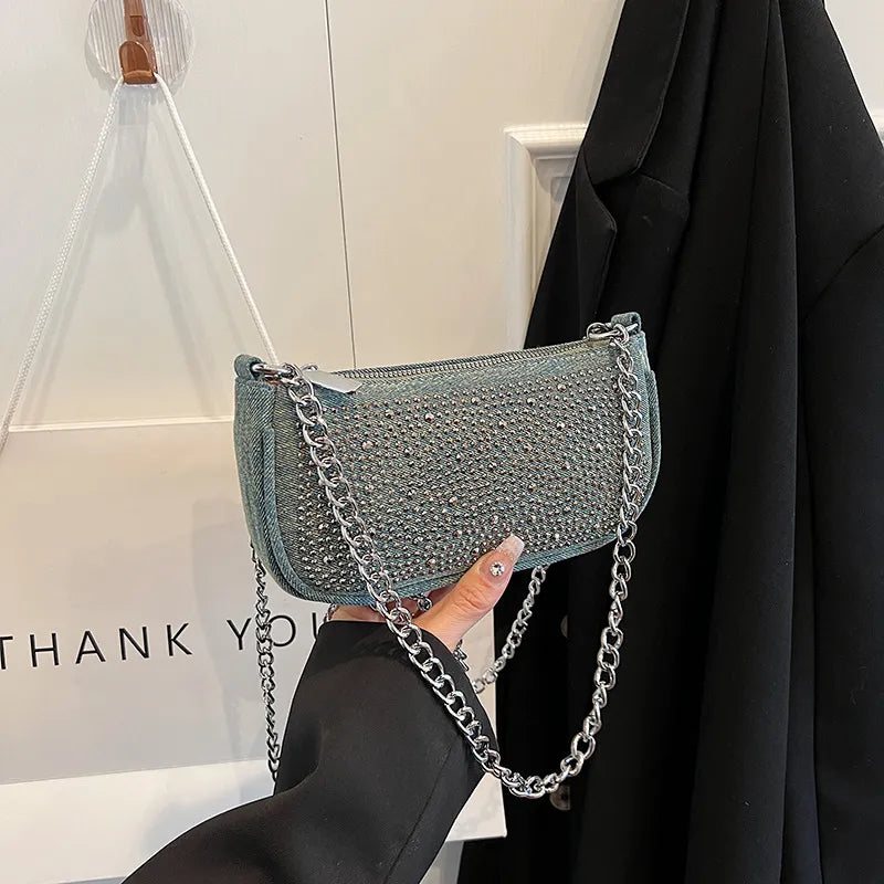 Women Fashion Square Rhinestone Zipper Shoulder Underarm Bag