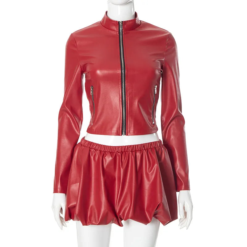 Women Fashion Sexy PU Long Sleeve Zipper Jacket Skirt Two-Piece Set