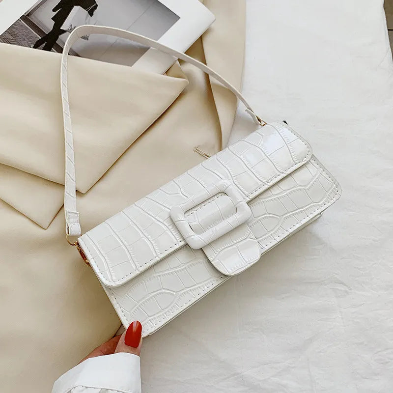 Crocodile Pattern Solid Color Shoulder Handle Bag