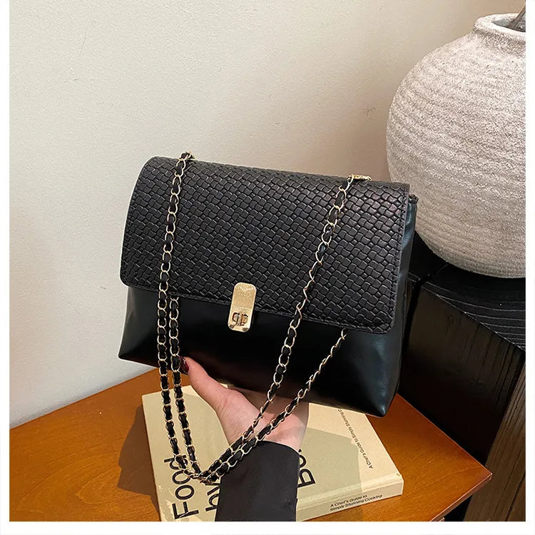 Women Fashion Solid Color Splicing Chain Shoulder Bag