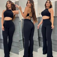 Women Fashion Sexy Plaid Solid Color Halter-Neck Lace-Up Backless Crop Top High Waist Pants Two-Piece Set