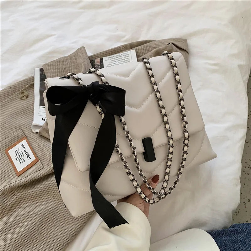 Women Autumn Elegant Chain Design Silk Scarf Decoration Solid Color PU Shoulder Bag