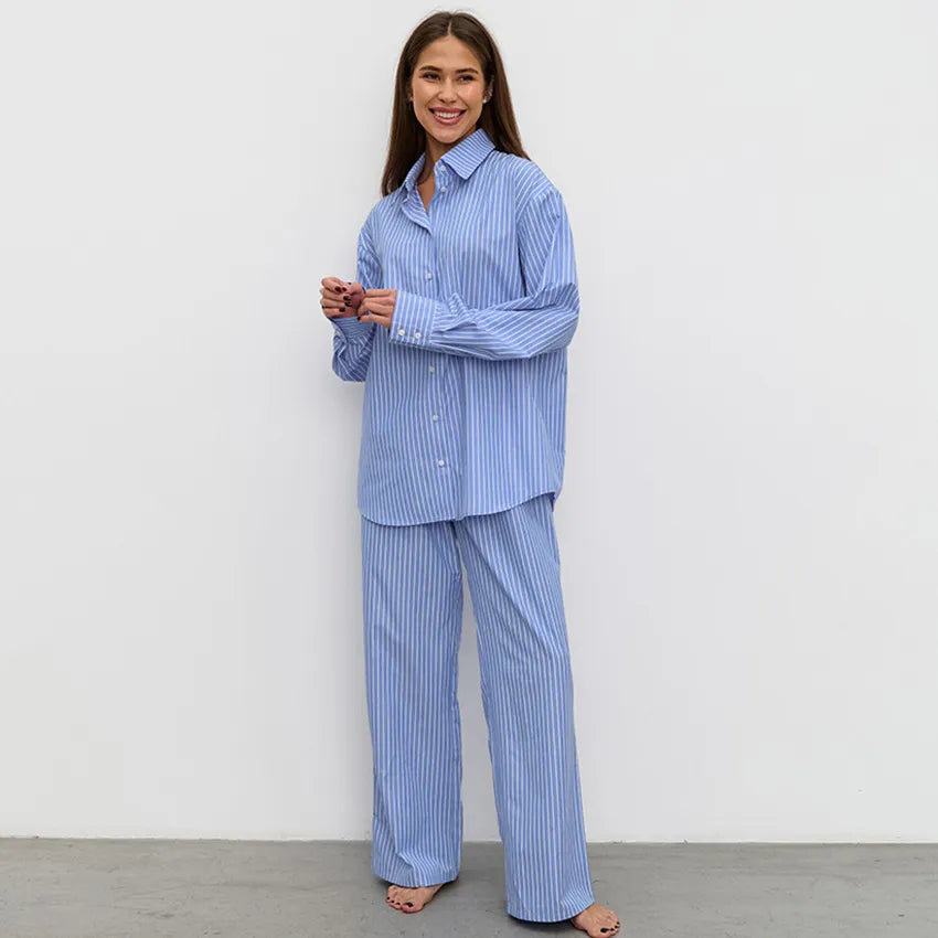 Women Fashion Casual Stripe Lapel Long Sleeve Shirt High Waist Pants Two-Piece Set