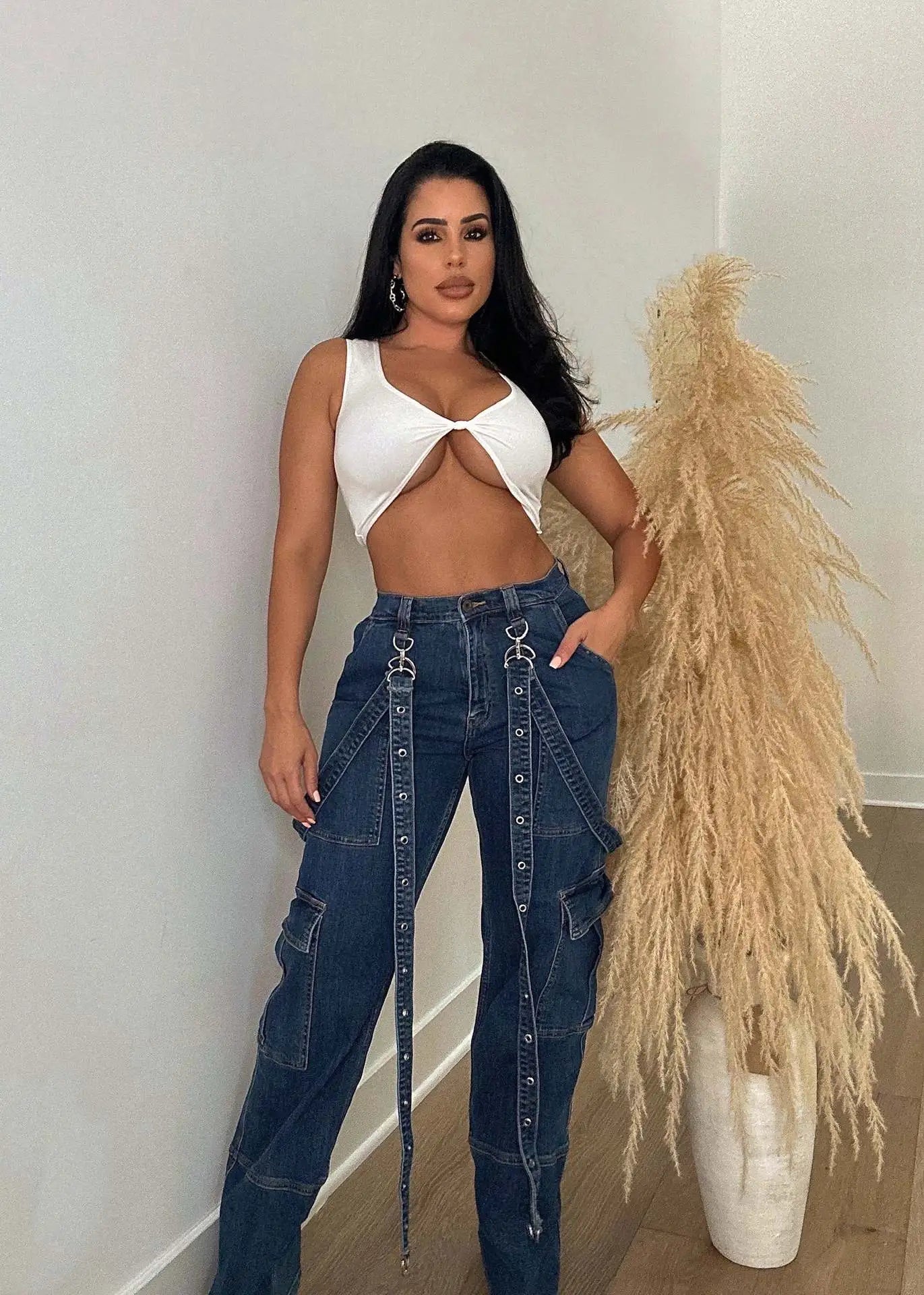 Women Fashion Loose Casual Multi-Pocket Denim Cargo Pants
