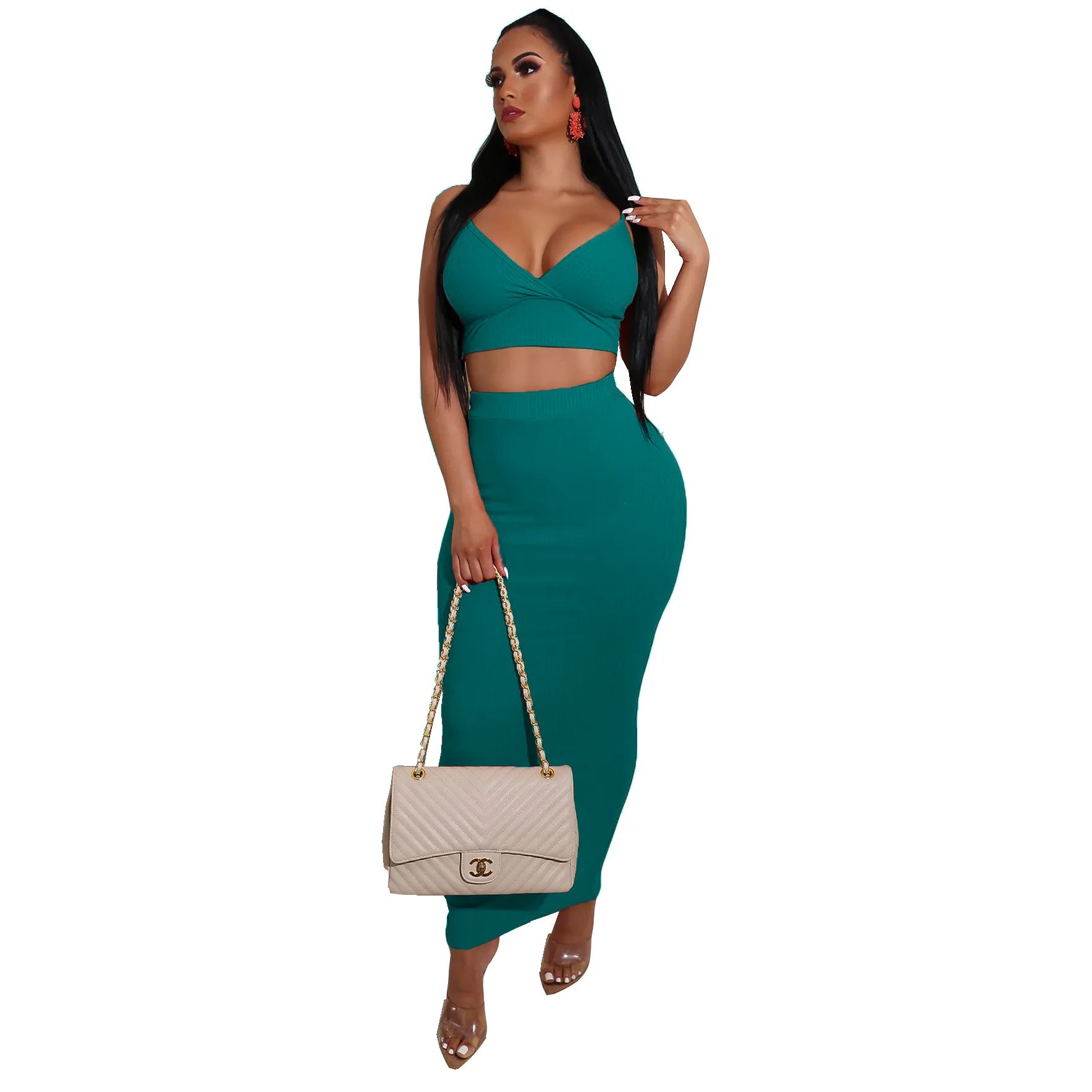 Women Sexy Sling Crop Top Skirt Two-Piece Rib-Knit Summer Set