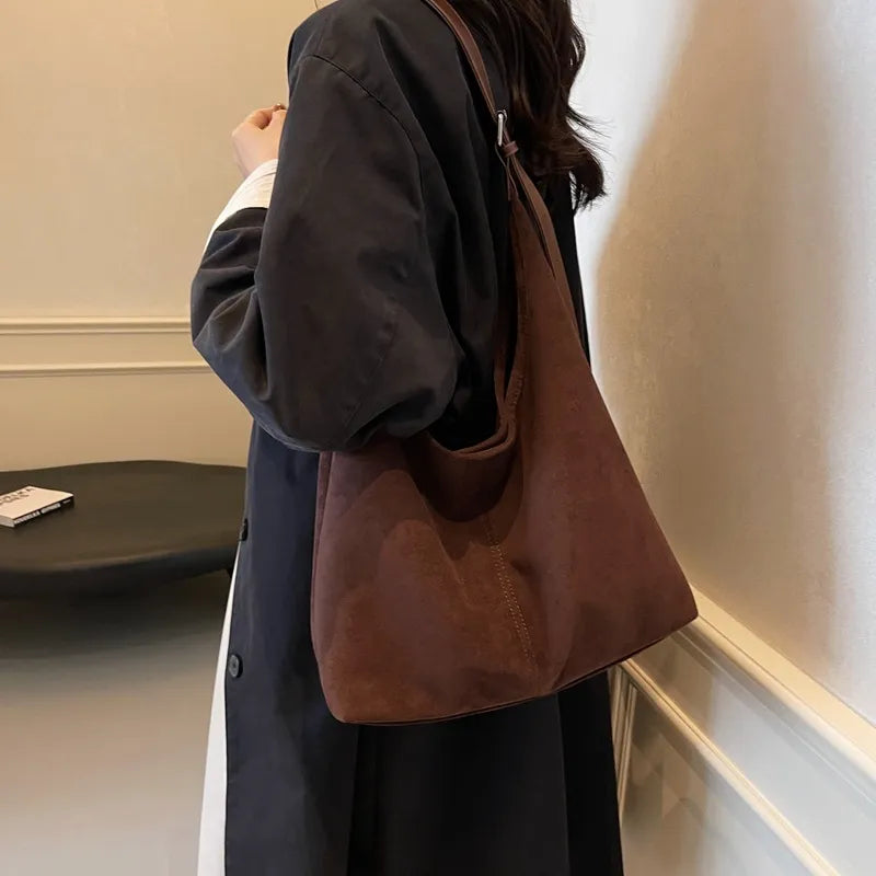 Women Fashion Casual Solid Color Suede Large Capacity Shoulder Bag