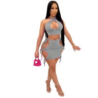 Women Fashion Sexy Solid Color Hollow Halter-Neck Crop Top Tight Lace-Up Skirt Two-Piece Set