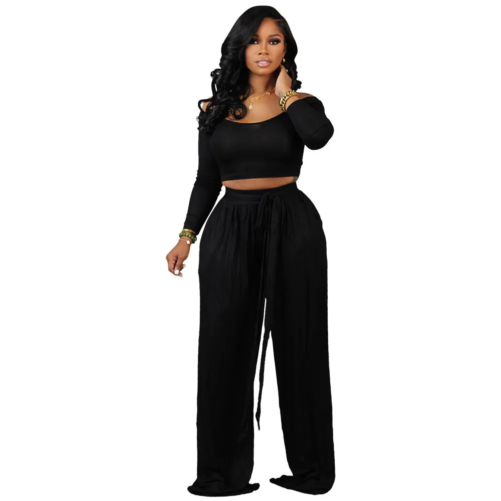 Women Fashion Casual Solid Color Long Sleeve Top Lace Wide Leg Pants Two-Piece Set