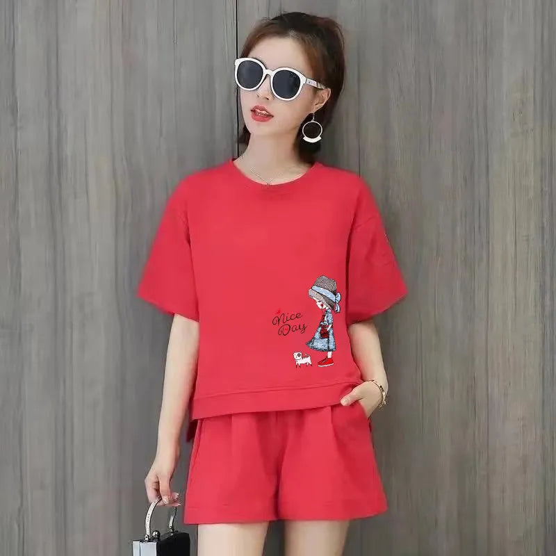 Women Fashion Casual Loose Solid Color Printed Round Neck Short Sleeve T-Shirt Defined Waist Shorts 2pcs Set