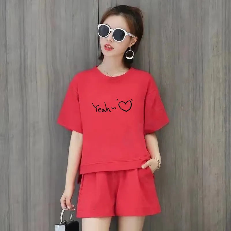 women fashion casual loose solid color printed round neck short sleeve t-shirt defined waist shorts 2pcs set