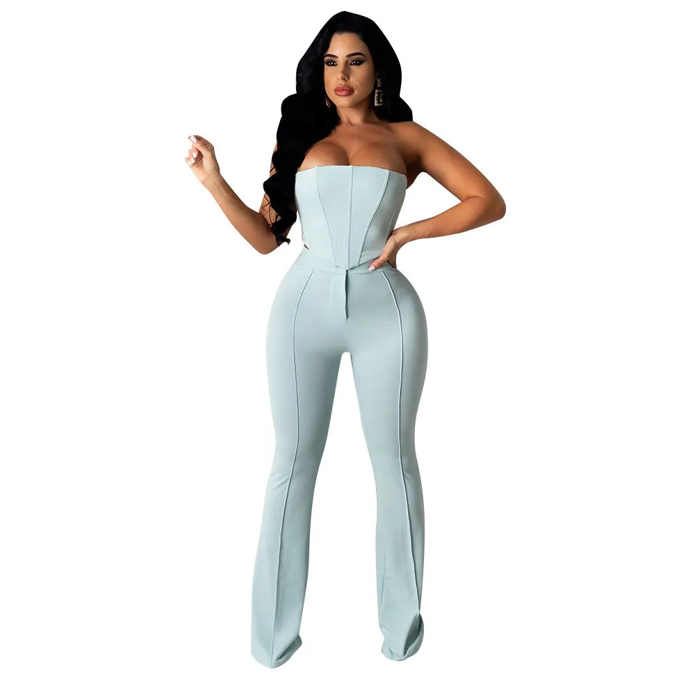Women Fashion Sexy Tight Solid Color Backless Tube Top Defined Waist Pants 2pcs Set