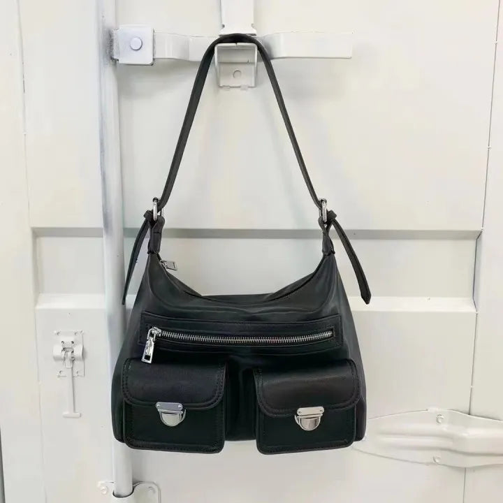 Women Fashion Simple Solid Leather Large Capacity Shoulder Zipper Underarm Bag