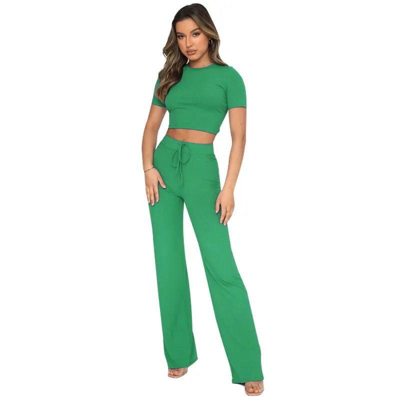Women Fashion Casual Solid Color Stretchy Slim-Fit Short-Sleeved And Wide-Leg Pants Two-Piece Set