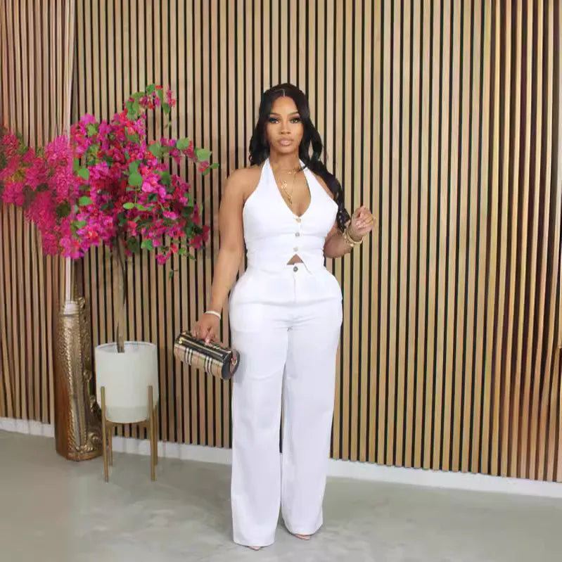 Women Fashion Solid Color Deep V Halter Neck Sleeveless Top Pants Two-Piece Set