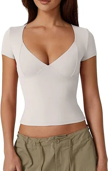 Women Casual Solid Color Deep V Short Sleeve Crop