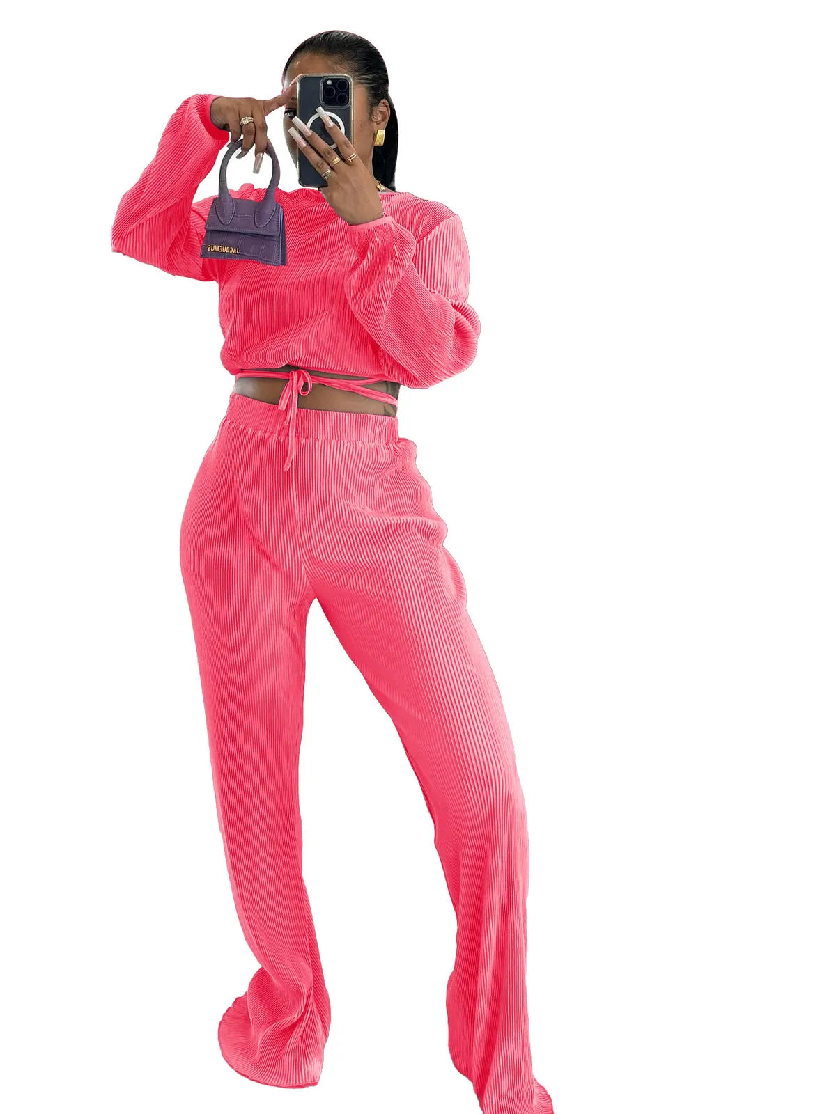 Women Fashion Sexy Deep V Strap Long Sleeve Top Pants Two-Piece Set