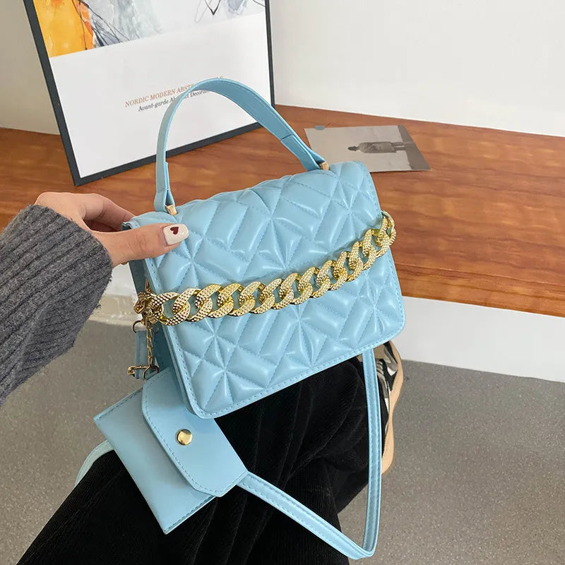 Women Basic Thick Chain Design Solid Color Plaid PU Shoulder Bag