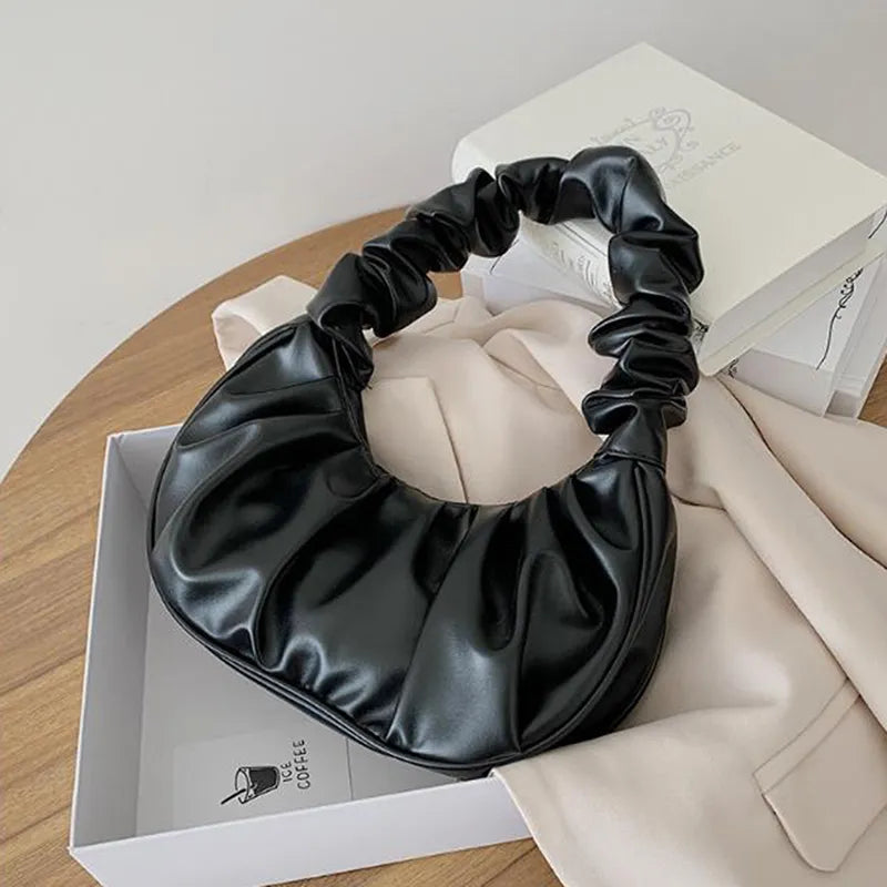 Women Casual Creative Crease Design Solid Color Pu Handle Bag