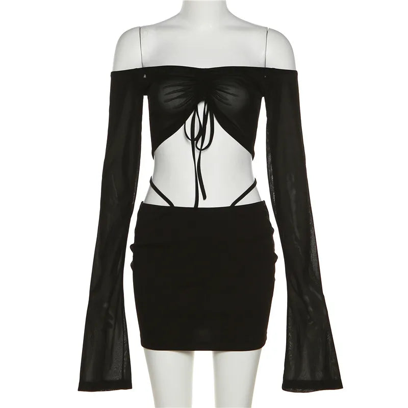 Women Solid Long Sleeve Mesh Drawstring Crop Top And Skirt Two-Piece Set