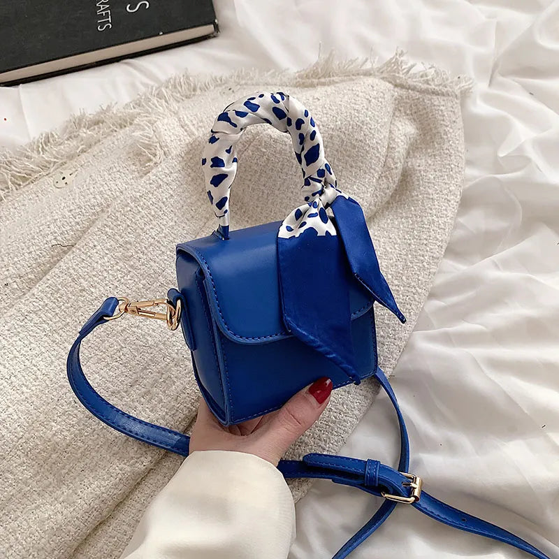 Women Fashion Flap Buckle Design Silk Scarf Decoration Solid Color Pu Crossbody Mini Bag