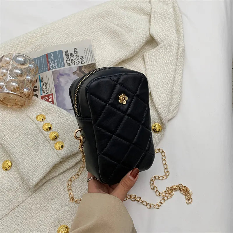 Women Mini Basic Flower Decoration Zipper Design Rhombus Stitching Solid Color PU Crossbody Bag