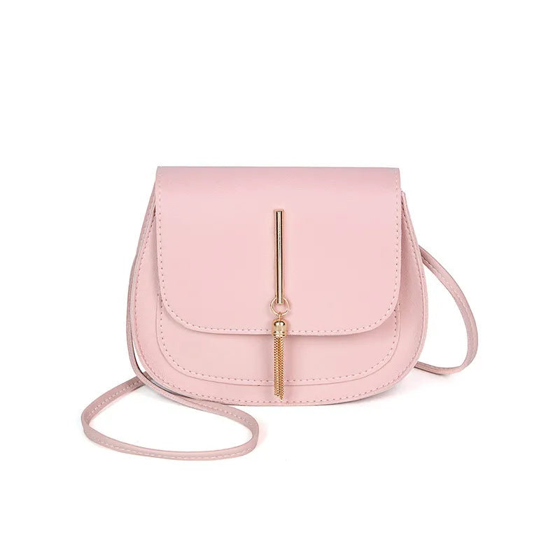 Women Basic Buckle Design Solid Color Mini Tassel PU Shoulder Bag