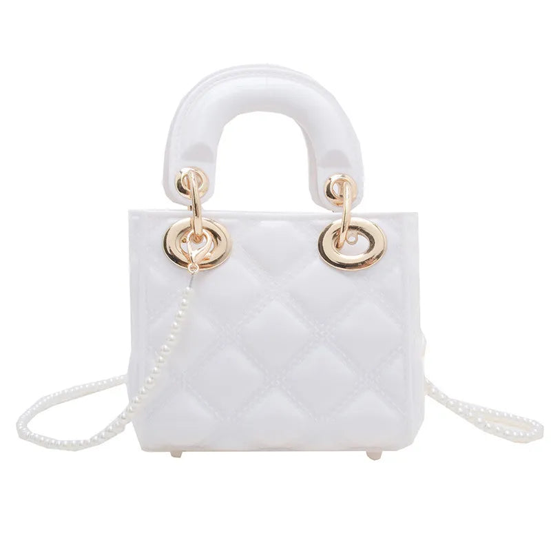 Women Fashion Mini Diamond Pvc Square Pearl Chain Crossbody Bag