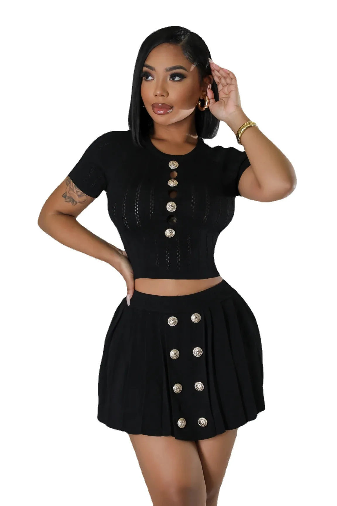 Women Fashion Casual Stretch Knitted Round Neck Short Sleeve Crop Top Skirt Two-Piece Set