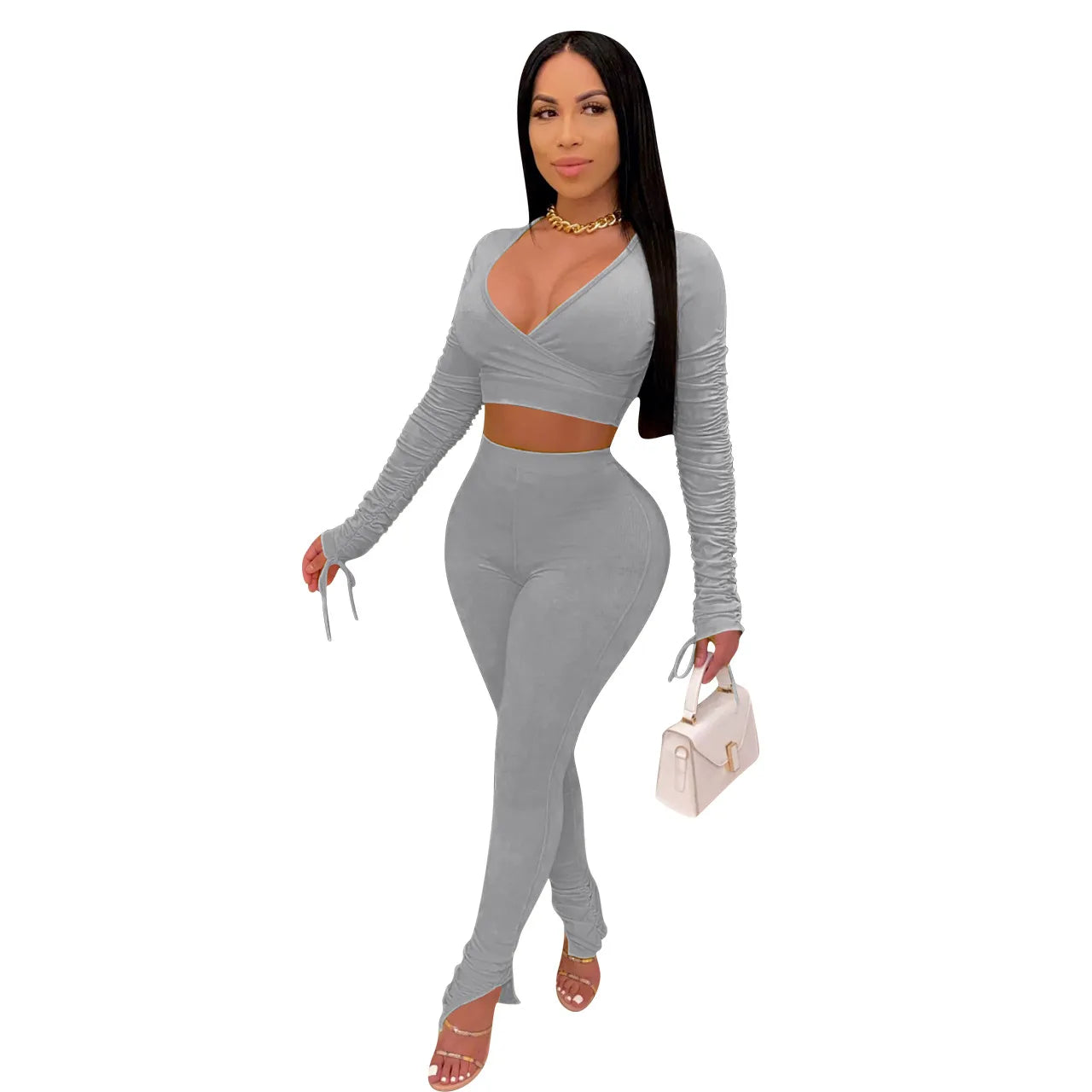 Women Solid Color V-Neck Long Sleeve Top And Pants Fashion Two-Piece Set