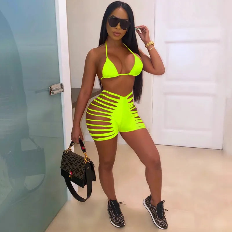 Women Sexy Summer Halter Neck Backless Soid Color Crop Tank Top And Cut Out Shorts Bikinis Swimwear Two Piece Set