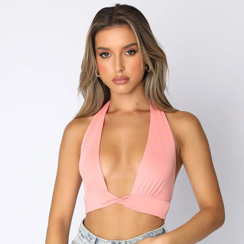 Women Sexy Neck Solid Color Backless V-Neck Cropped Top