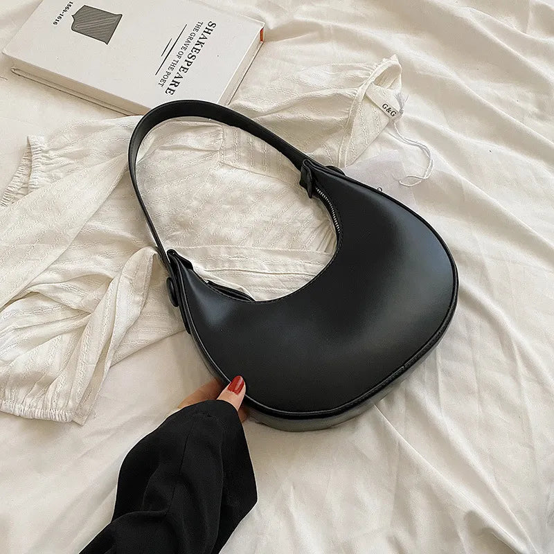 Simple Solid Color PU Zipper Half Circle Shoulder Underarm Bag