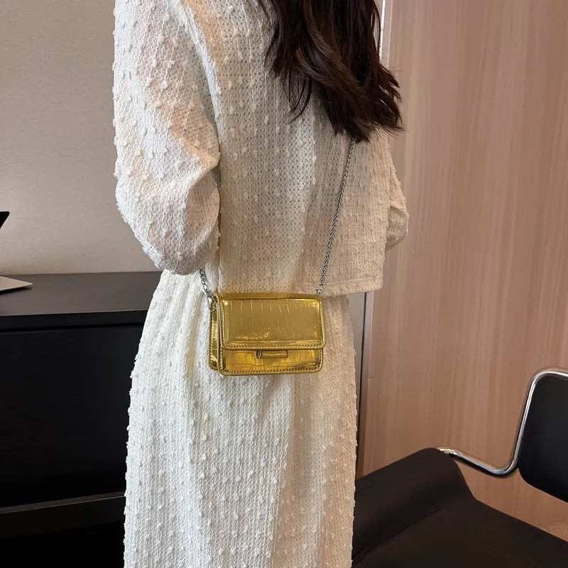 Women Fashion Solid Color Patent Crocodile Laser Flap Chain Mini Square Shoulder Crossbody Bag