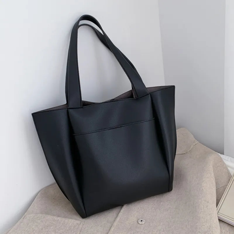 Basic Solid Color Large Capacity PU Shoulder Bag