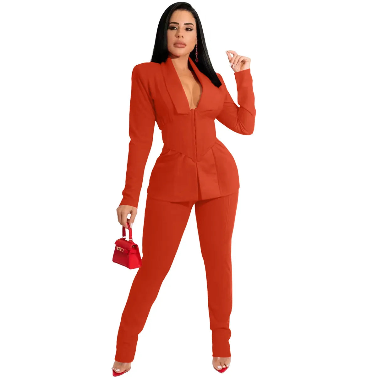 Women Solid Color Lapel Long Sleeve Top And Pants Two-Piece Set