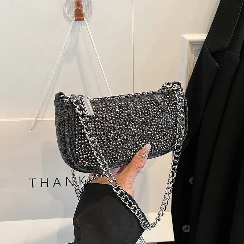 Women Fashion Square Rhinestone Zipper Shoulder Underarm Bag