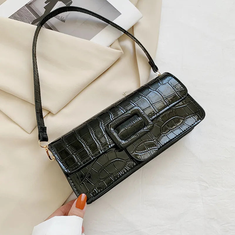Crocodile Pattern Solid Color Shoulder Handle Bag